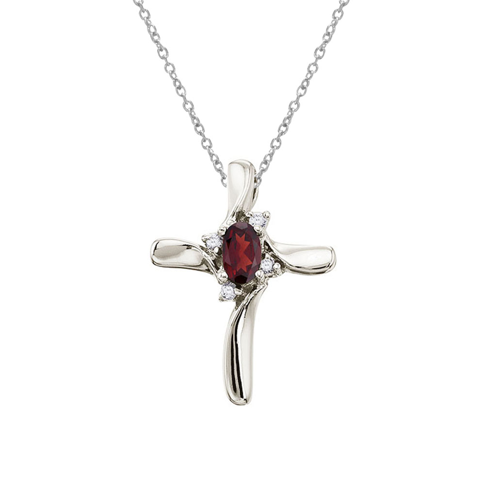 This diamond cross adds a dash of color to a traditional and elegent style with a bright 5x3 mm garnet. The beautiful pendant is set in 14k white gold with .04 total ct diamonds.