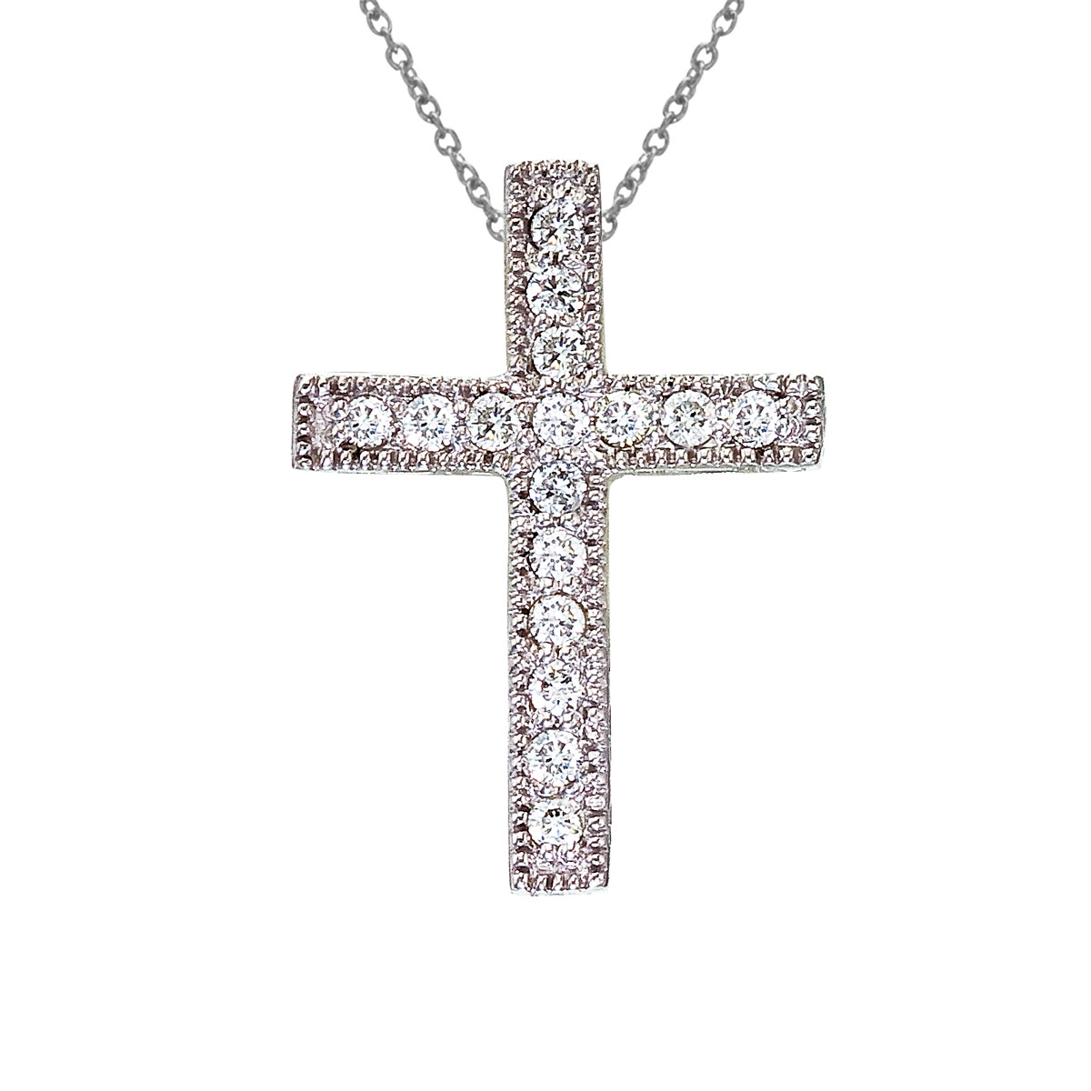 .16 ct diamond cross pendant set in 14k white gold.