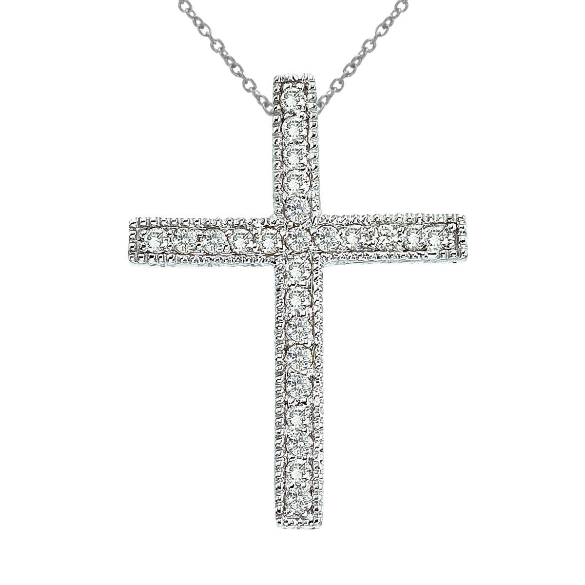 .25 ct diamond scroll cross pendant set in 14k white gold.