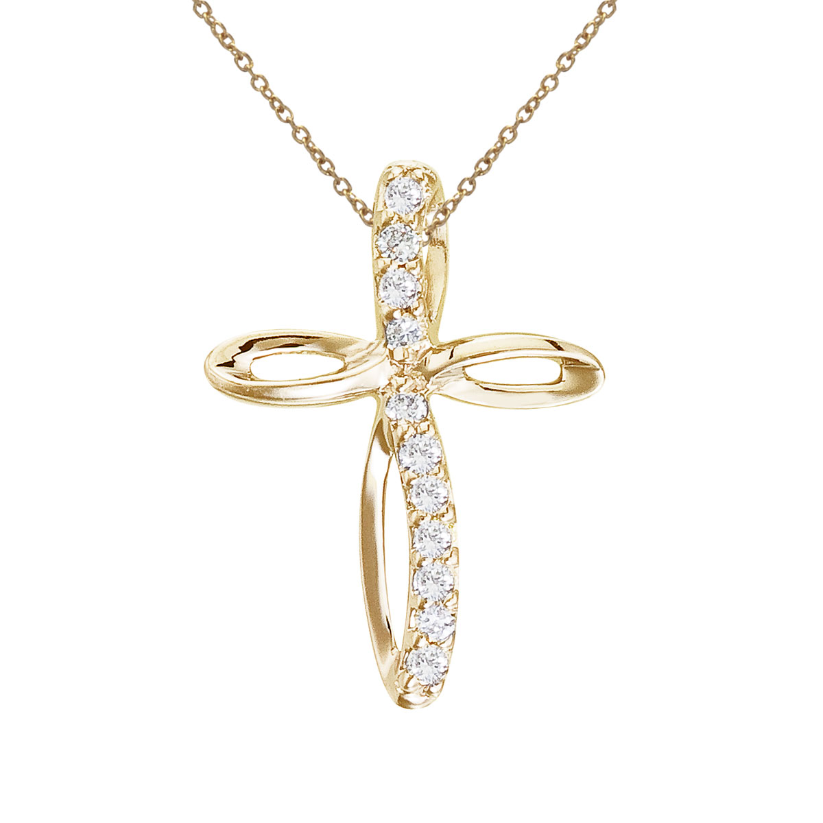 14k yellow gold cross pendant with shimmering diamonds.