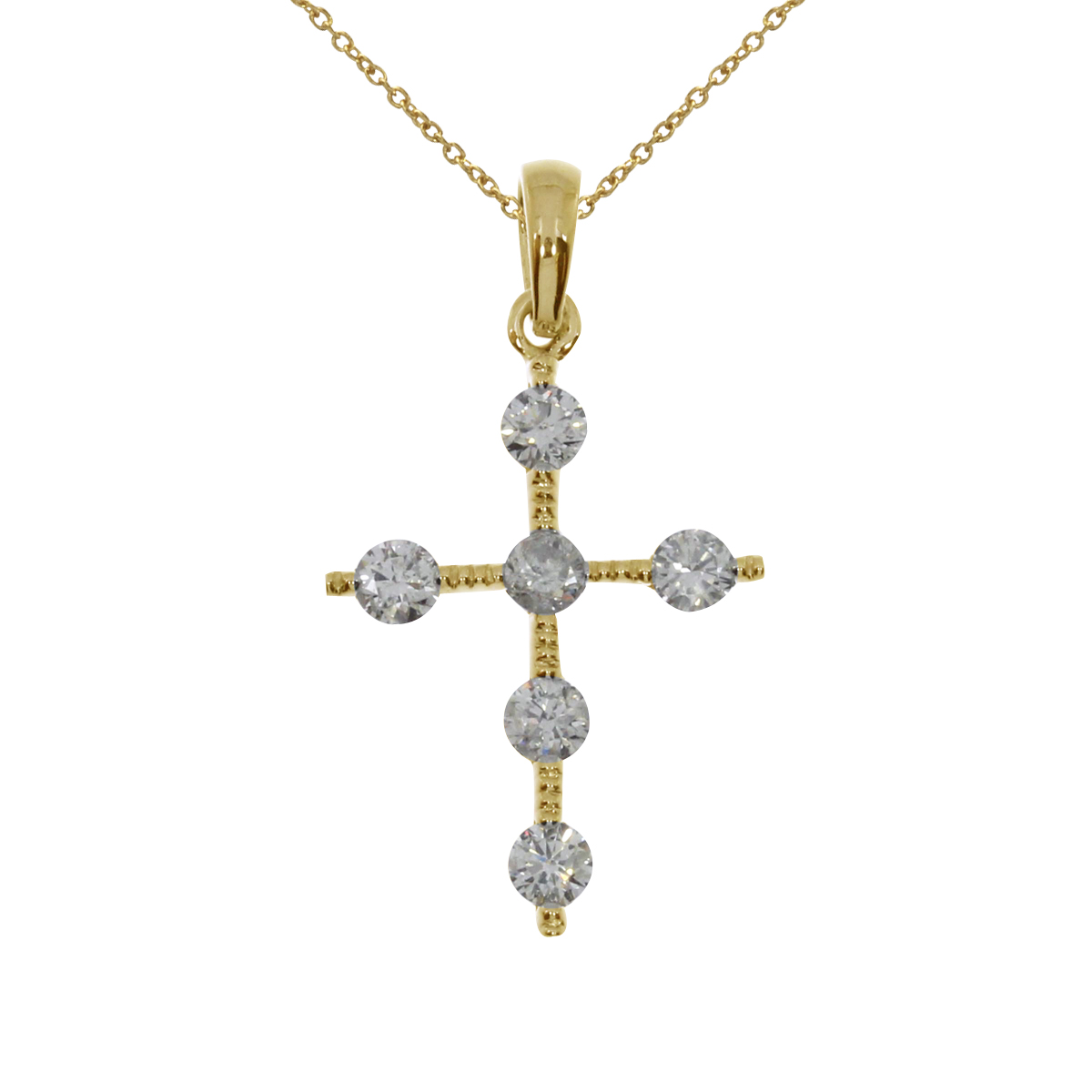 14k yellow gold cross pendant with shimmering diamonds.