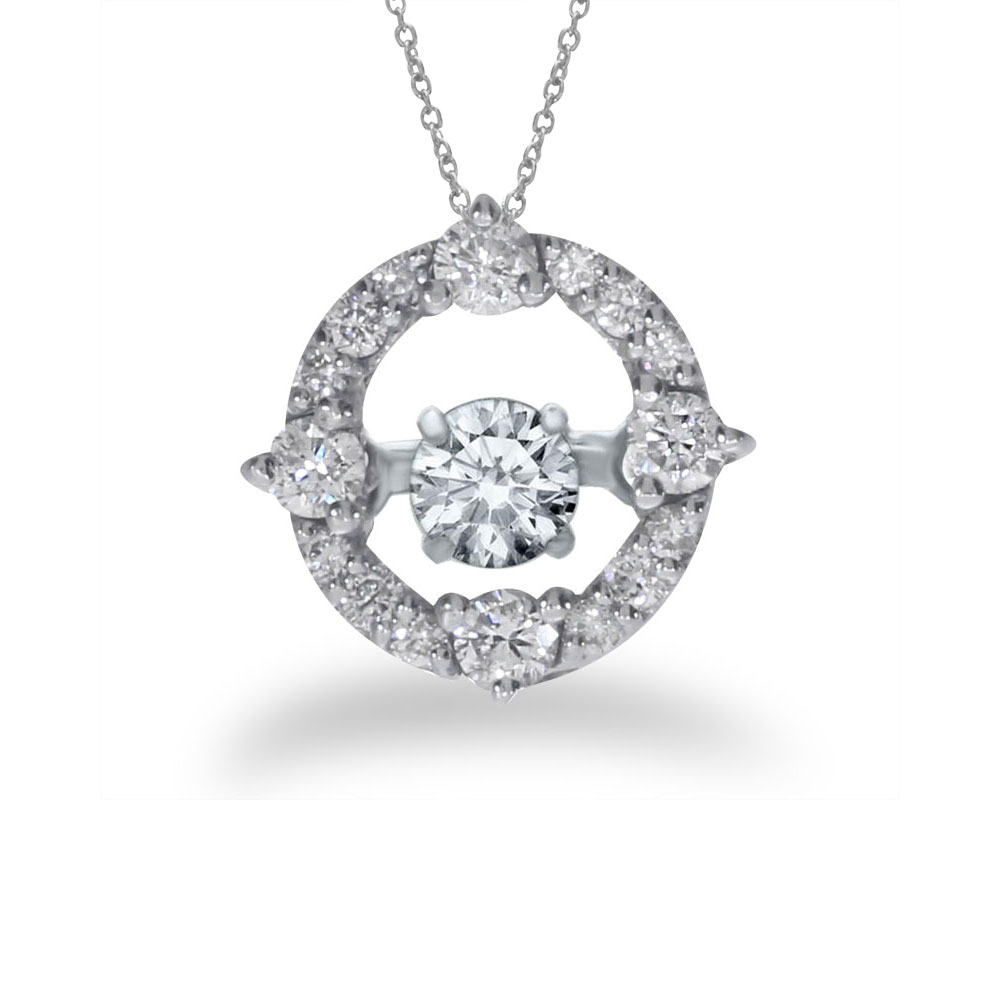 Heart Shaped Dashing Diamonds Heartbeat Collection Pendant. Shimmering center diamond dances and pulsates with every heartbeat. .49 total carats set in stunning 14k white gold.