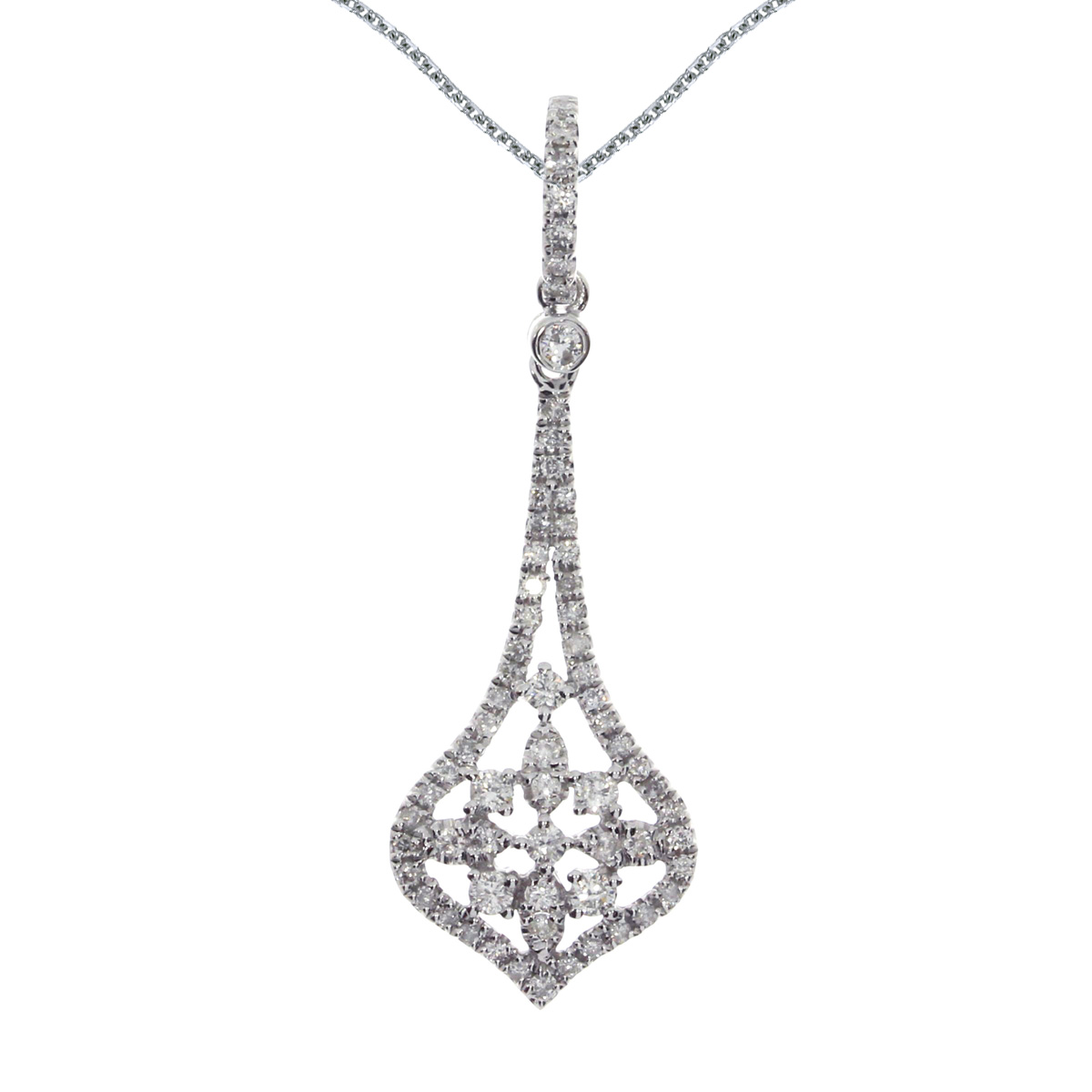 This elegant fashion pendant features .47 total ct diamonds in a beautiful 14k white gold design.