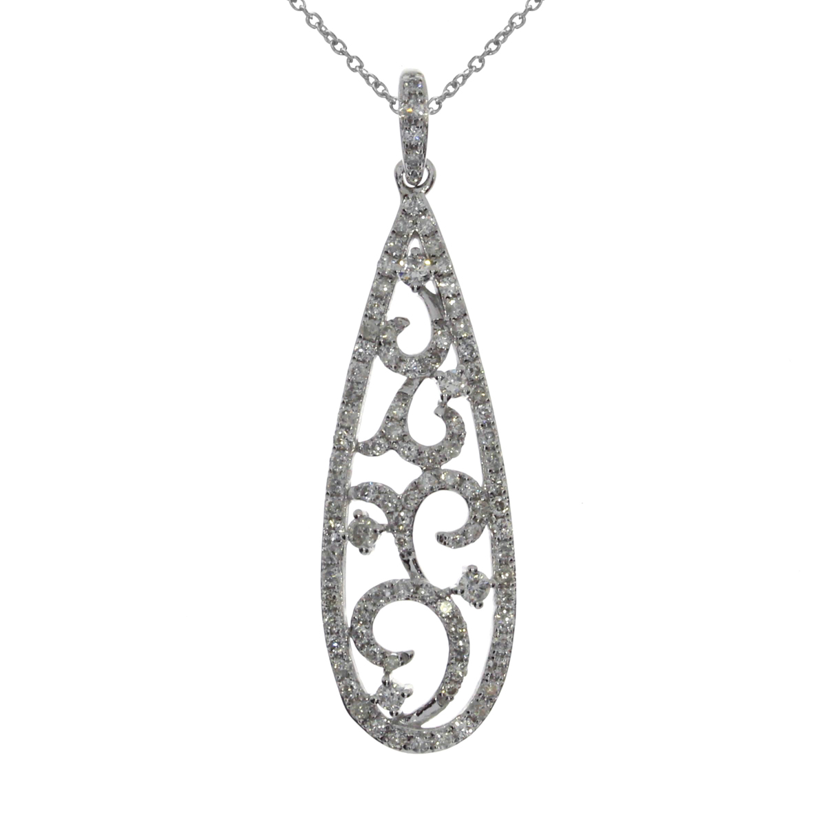This long pendant contains .48 total carats of bright diamonds in modern and stylish design.