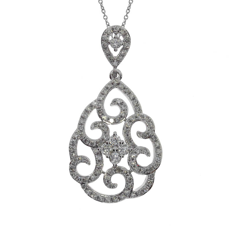 Swirling with beautiful diamonds  this 14k white gold .54 total carat pendant is a fashionable an...
