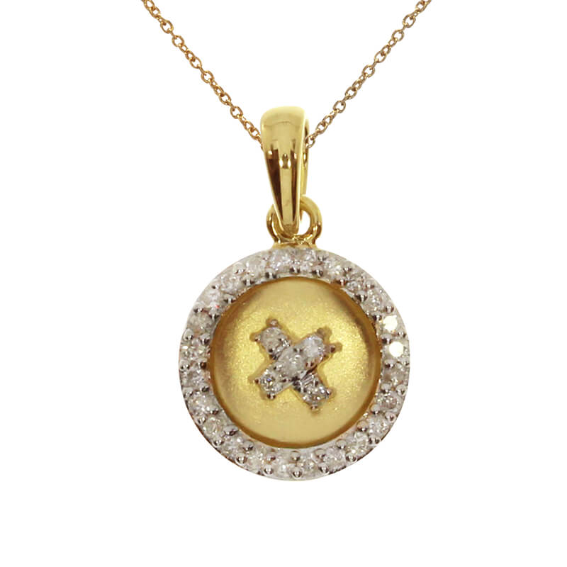 Button shaped pendant set in 14k yellow gold with a &#39;&#39;X&#39;&#39; of bright diamonds.