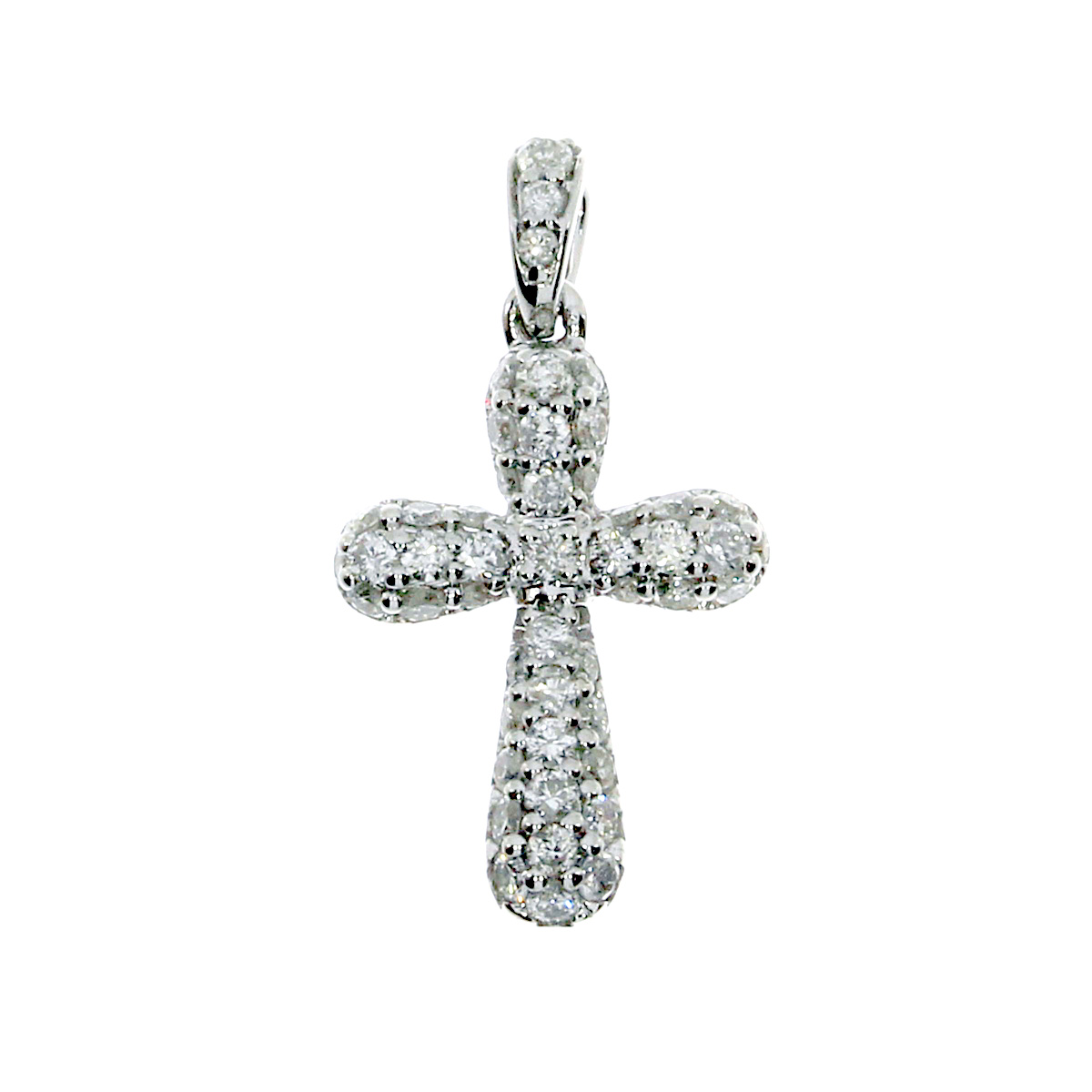 14k white gold cross pendant with shimmering diamonds.