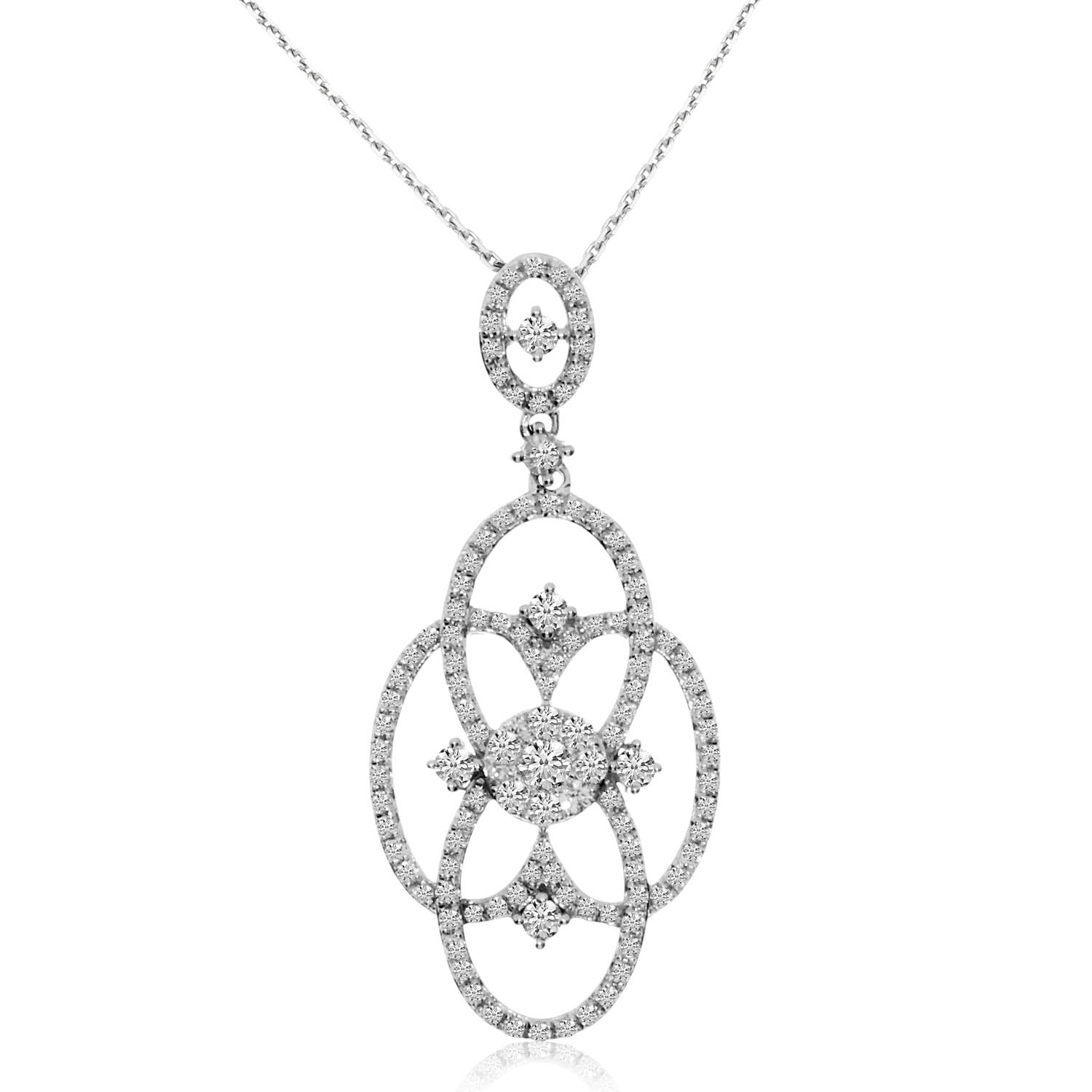 .71 carats of shimmering diamonds set in a 14k white gold fancy clustaire shaped pendant.