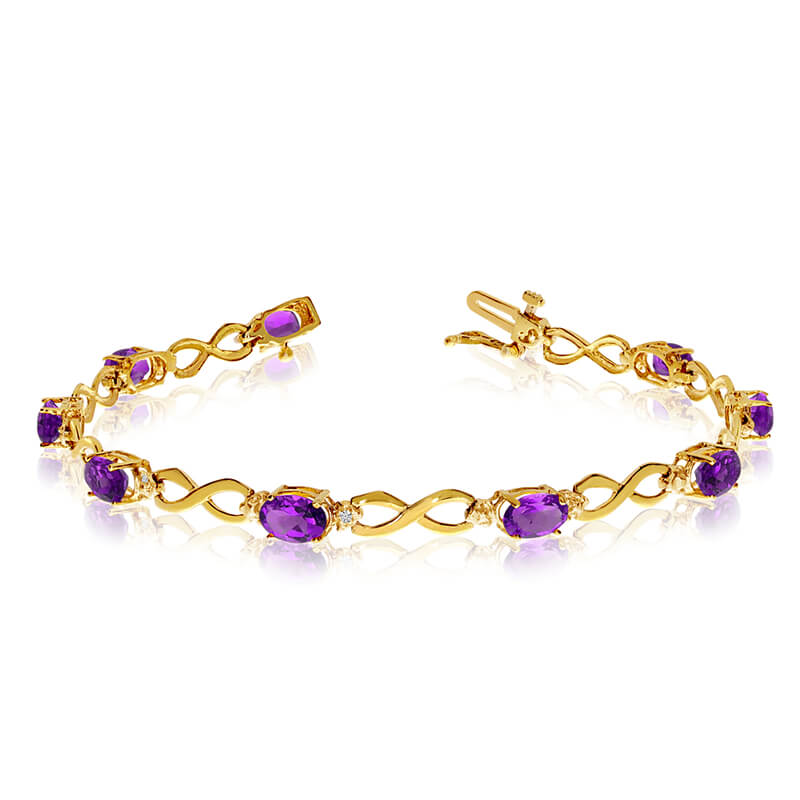 This 14k yellow gold oval amethyst and diamond bracelet features nine 6x4 mm stunning natural ame...