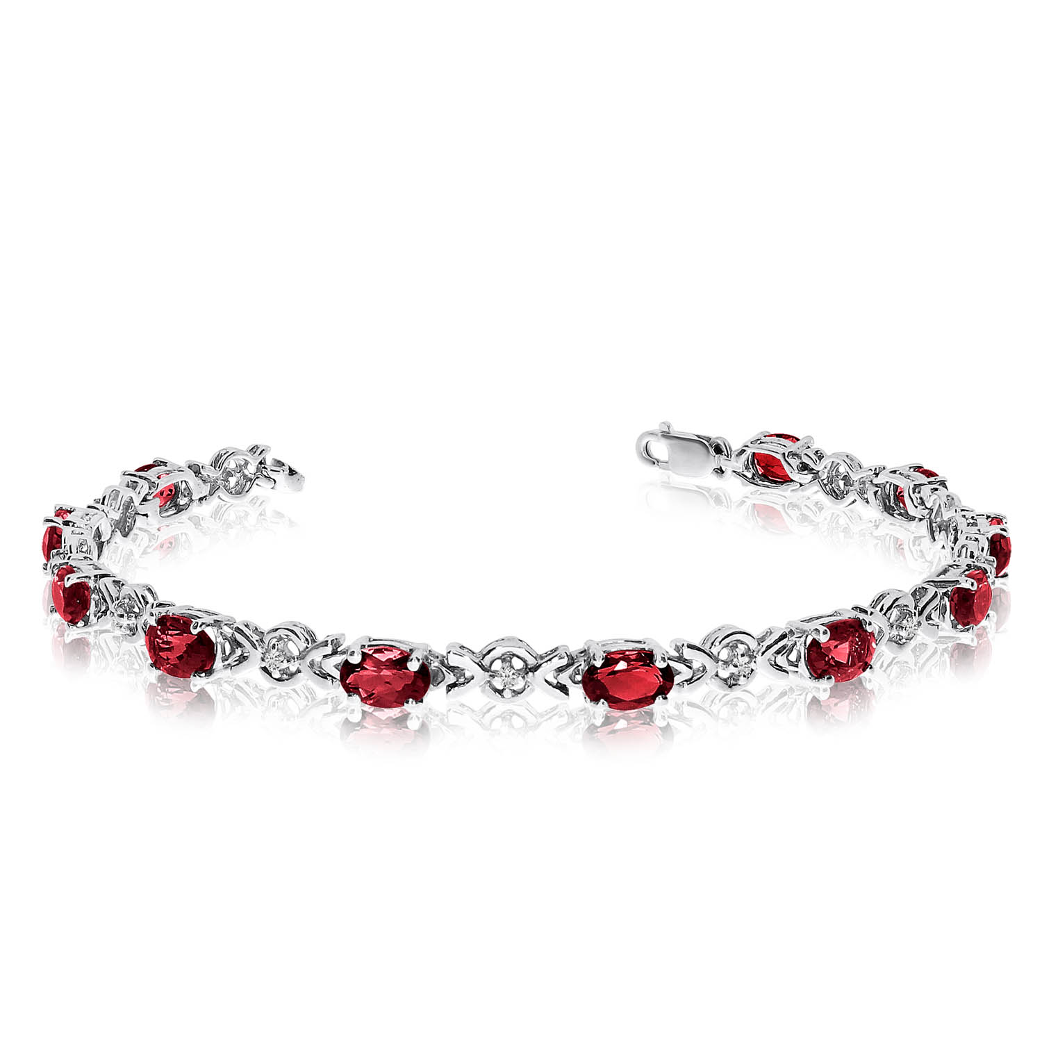 This 10k white gold oval garnet and diamond bracelet features eleven 6x4 mm stunning natural garn...