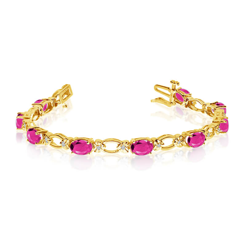 This 14k yellow gold natural pink-topaz and diamond tennis bracelet features 12 oval pink-topazs ...