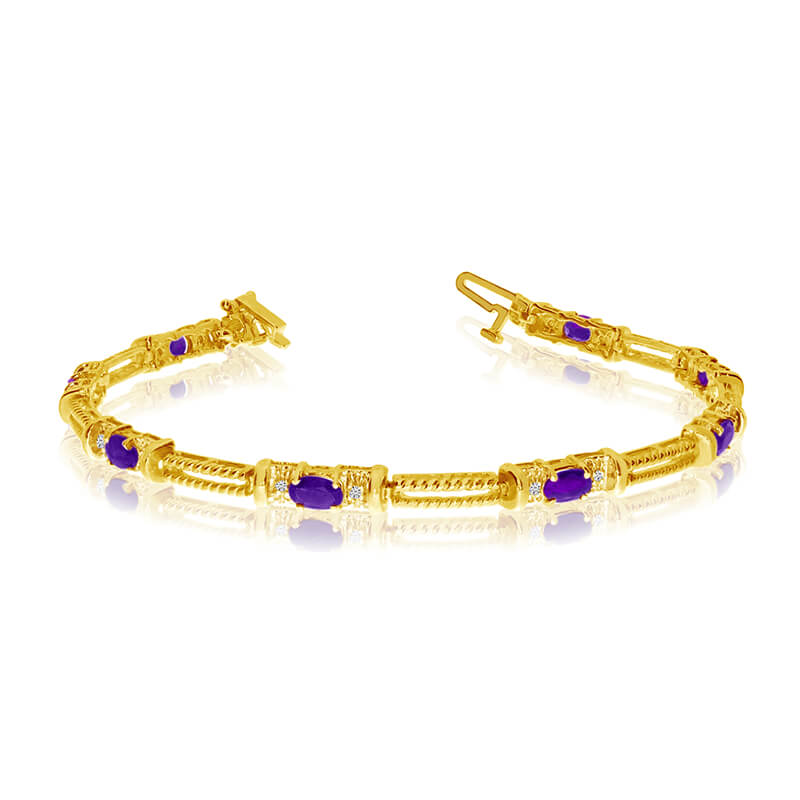 This 14k yellow gold natural amethyst and diamond tennis bracelet features 8 oval amethysts with a total gem weight of 1.44 carats and a total diamond weight of 0.16 carats.