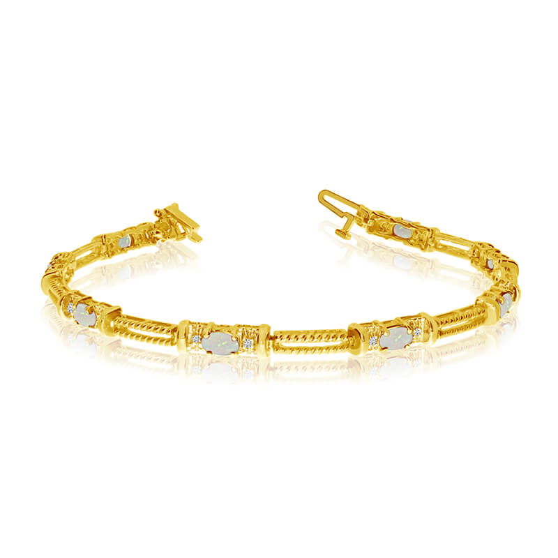 This 14k yellow gold natural opal and diamond tennis bracelet features 8 oval opals with a total ...