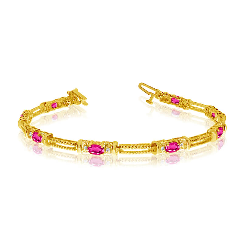 This 14k yellow gold natural pink-topaz and diamond tennis bracelet features 8 oval pink-topazs w...
