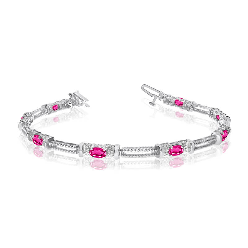 This 14k white gold natural pink-topaz and diamond tennis bracelet features 8 oval pink-topazs wi...