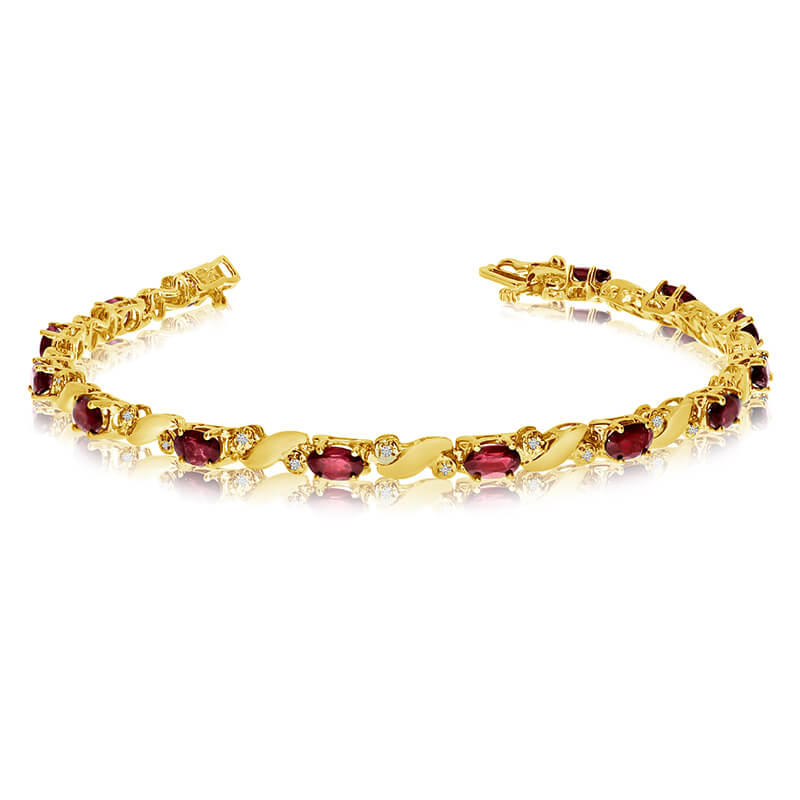 This 14k yellow gold natural garnet and diamond tennis bracelet features 13 oval garnets with a t...