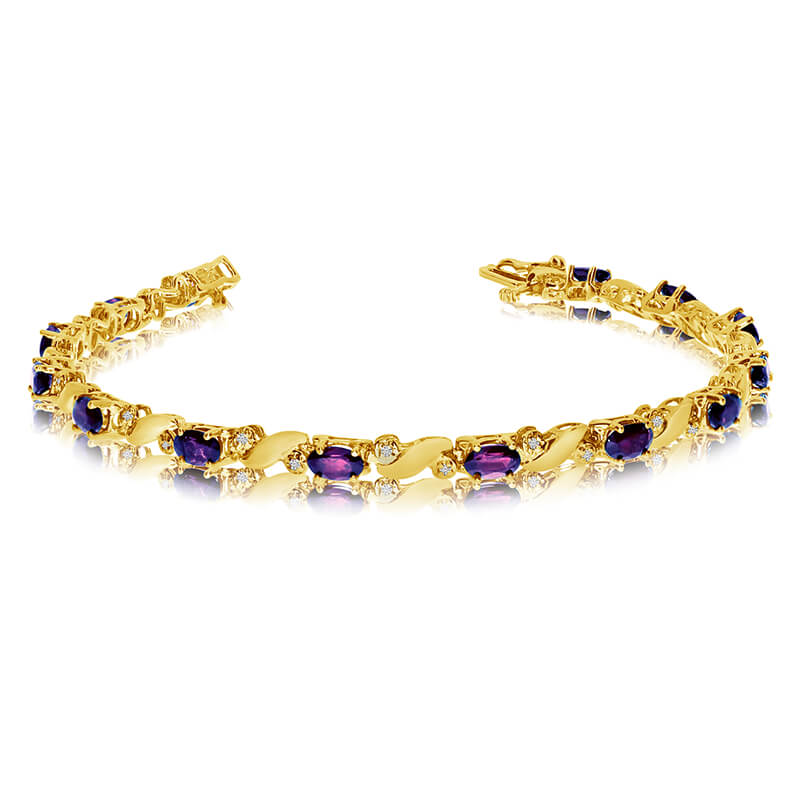 This 14k yellow gold natural amethyst and diamond tennis bracelet features 13 oval amethysts with...