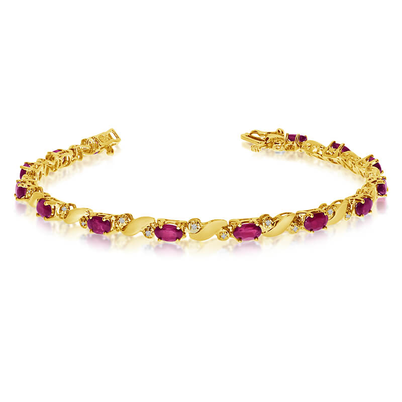 This 14k yellow gold natural ruby and diamond tennis bracelet features 13 oval rubys with a total...