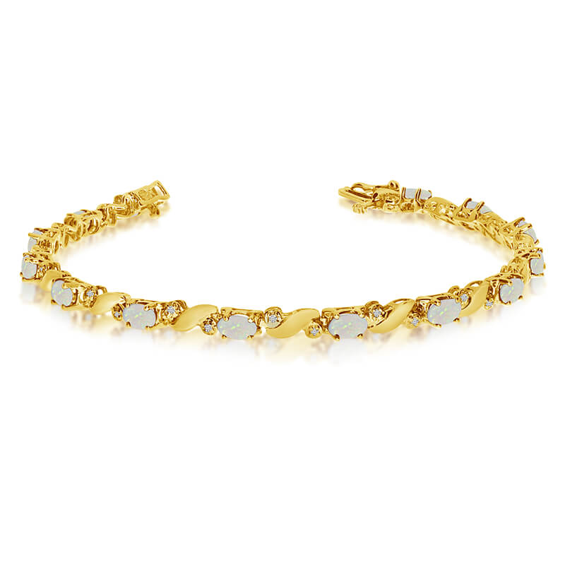 This 14k yellow gold natural opal and diamond tennis bracelet features 13 oval opals with a total...