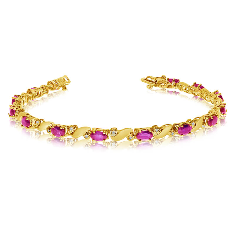 This 14k yellow gold natural pink-topaz and diamond tennis bracelet features 13 oval pink-topazs ...