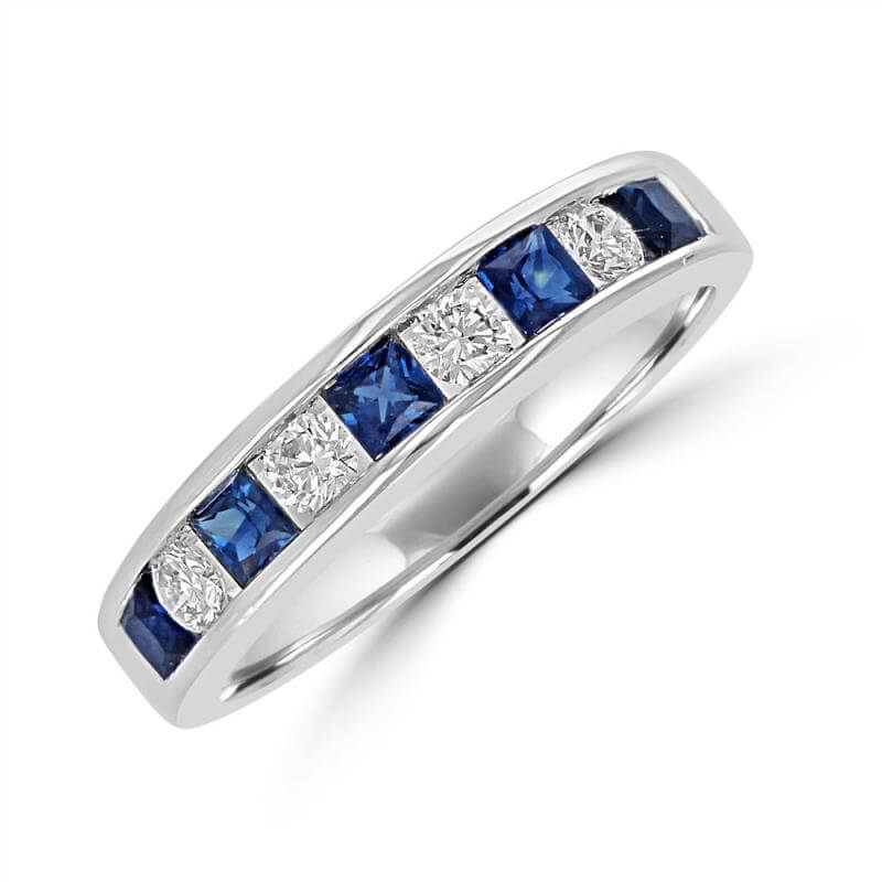 SQUARE SAPPHIRE &amp; ROUND DIAMOND CHANNEL BAND RING