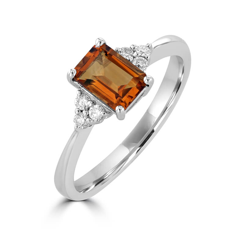 5X7 EMERALD CUT CITRINE WITH THREE DIAMONDS ON EACH SIDE RING