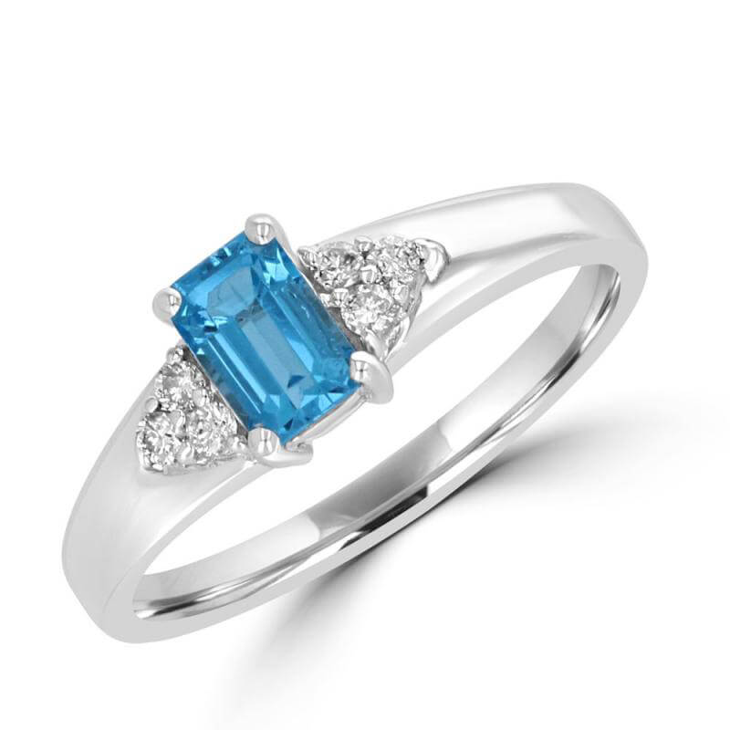 4X6 BAGUETTE BLUE TOPAZ AND THREE ROUND DIAMONDS ON EACH SIDE RING