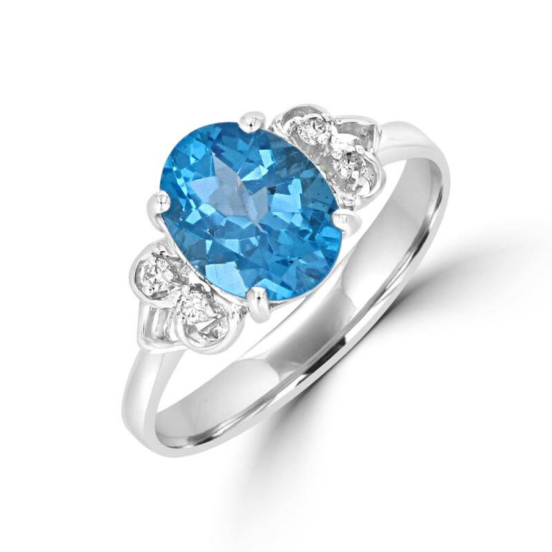 7X9 OVAL BLUE TOPAZ &amp; TWO DIAMONDS ON EACH SIDE RING