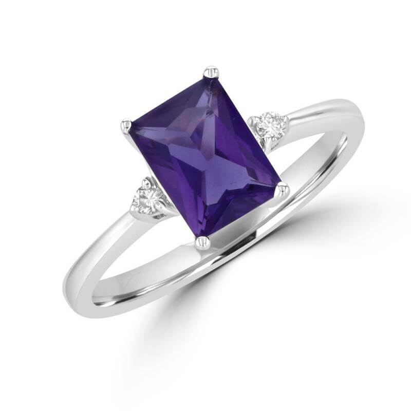 6X8 FANCY BAGUETTE AMETHYST AND ONE DIAMOND ON EACH SIDE RING
