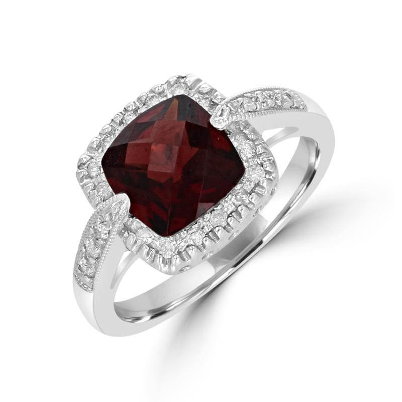 8MM CUSHION CHECKERED GARNET SURROUNDED BY DIAMONDS RING