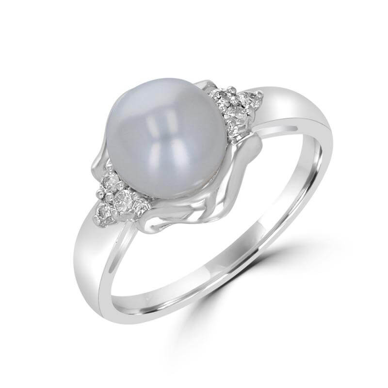 7.5-8MM FRESHWATER PEARL AND THREE DIAMOND EACH SIDE RING