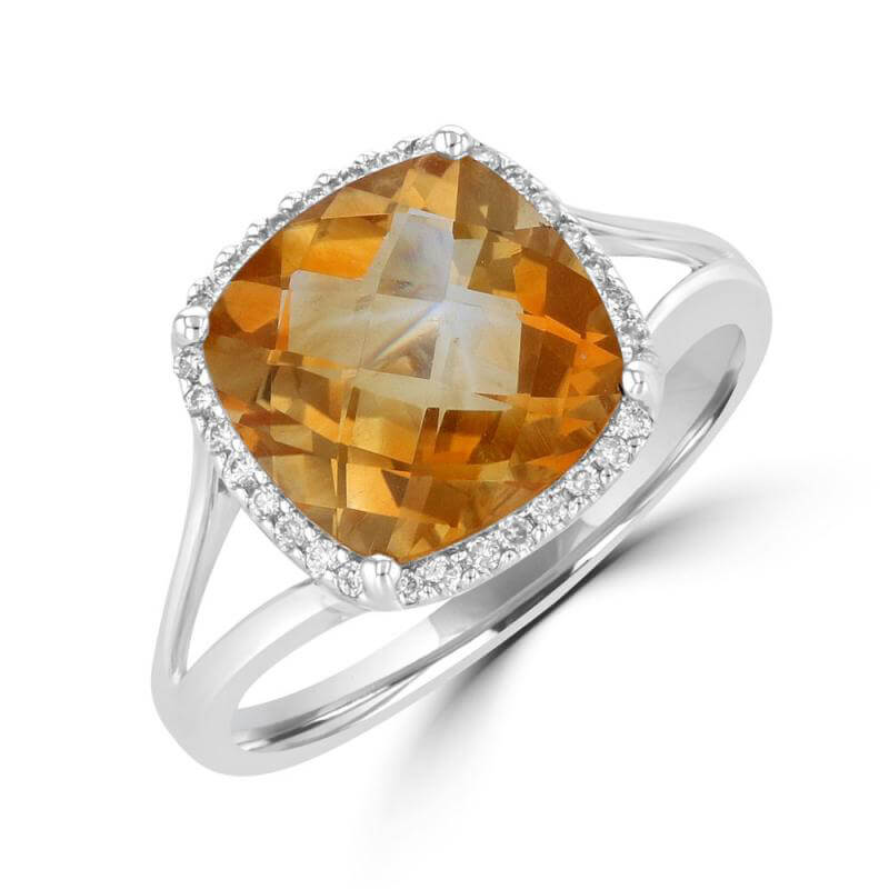 10MM CUSHIONED CITRINE SURROUNDED BY DIAMOND RING