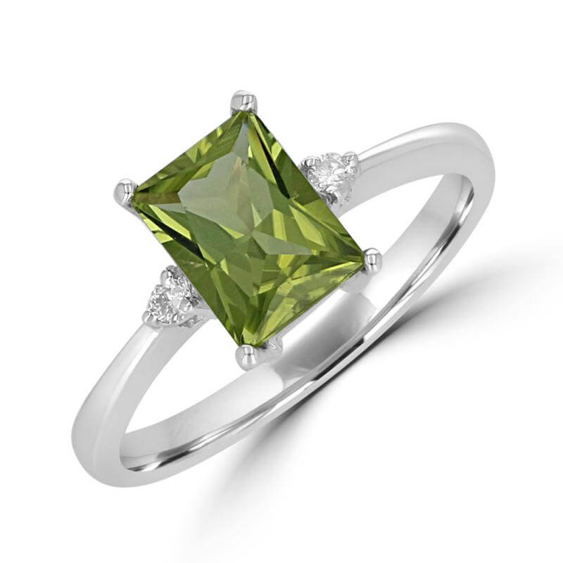 6X8 FANCY BAGUETTE PERIDOT AND ONE DIAMOND ON EACH SIDE RING