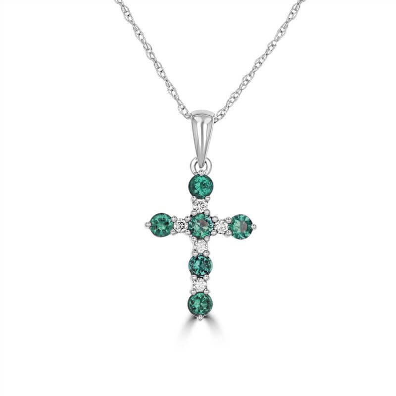 ROUND EMERALD AND ROUND DIAMOND CROSS PENDANT (CHAIN NOT INCLUDED)