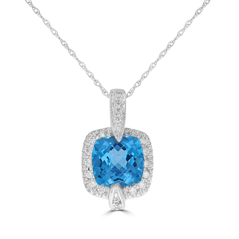 8MM CUSHION BLUE TOPAZ SURROUNDED BY DIAMOND PENDANT