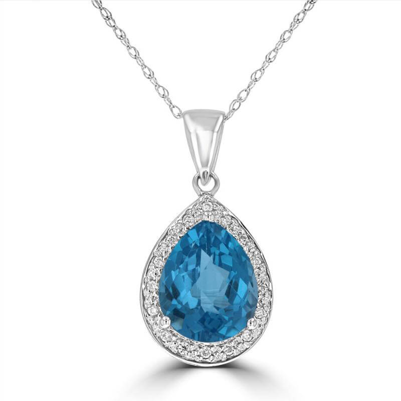 8X10 PEAR CHECKER BLUE TOPAZ SURROUNDED BY ROUND DIAMOND PENDANT (CHAIN NOT INCLUDED)
