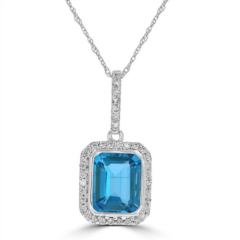 EMERALD CUT BLUE TOPAZ SURROUNDED BY PAVE DIAMOND PENDANT (CHAIN NOT INCLUDED)