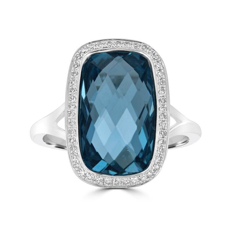 8.5 X 14.5MM CHECKERED BLUE TOPAZ SURROUNDED BY DIAMOND RING