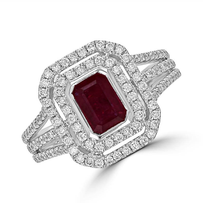 EMERALD CUT RUBY SURROUNDED BY 2ROW DIAMOND RING