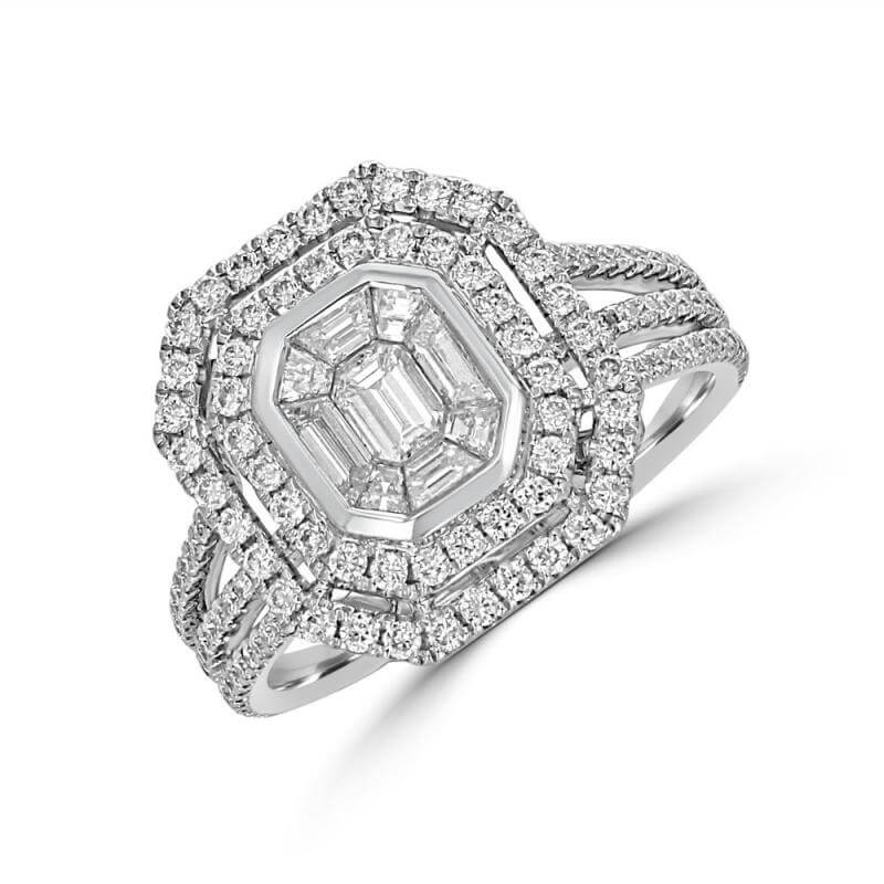BAGUETTE EMERALD CUT SURROUNDED BY ROUND DIAMOND RING