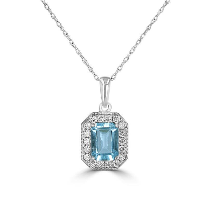 5X7 EMERALD CUT AQUAMARINE SURROUNDED BY ROUND DIAMOND PENDANT (CHAIN NOT INCLUDED)