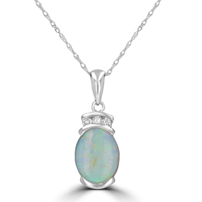 8X10 OVAL OPAL &amp; 3 ROUND DIAMOND CHANNEL PENDANT (CHAIN NOT INCLUDED)