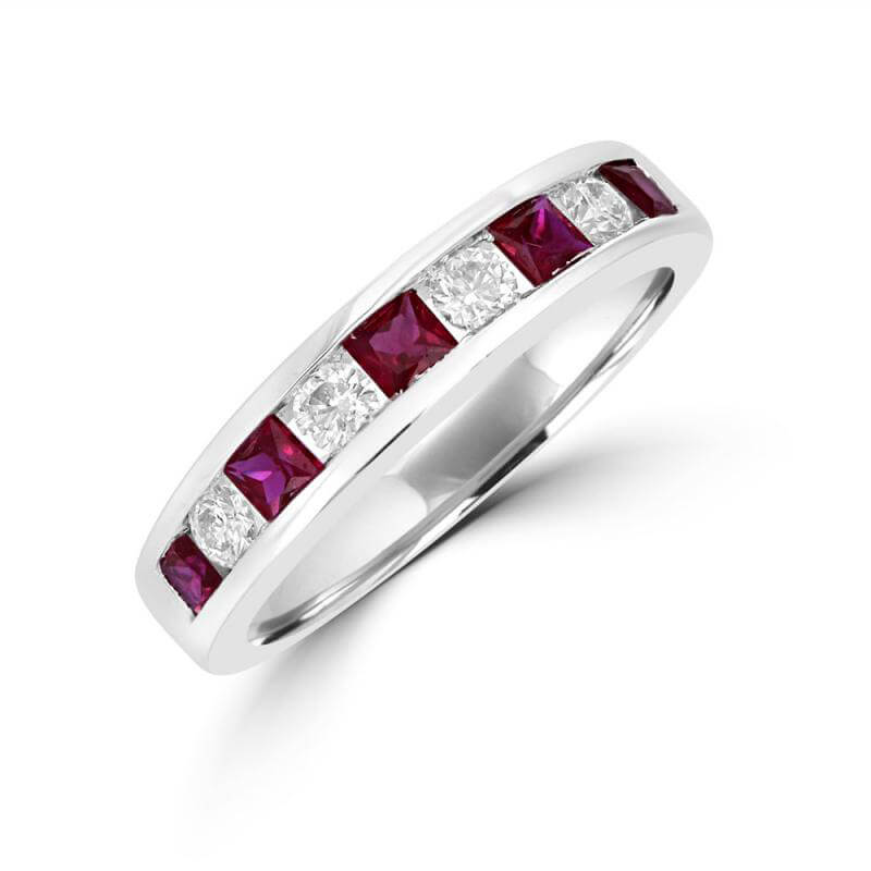 SQUARE RUBY &amp; ROUND DIAMOND CHANNEL BAND