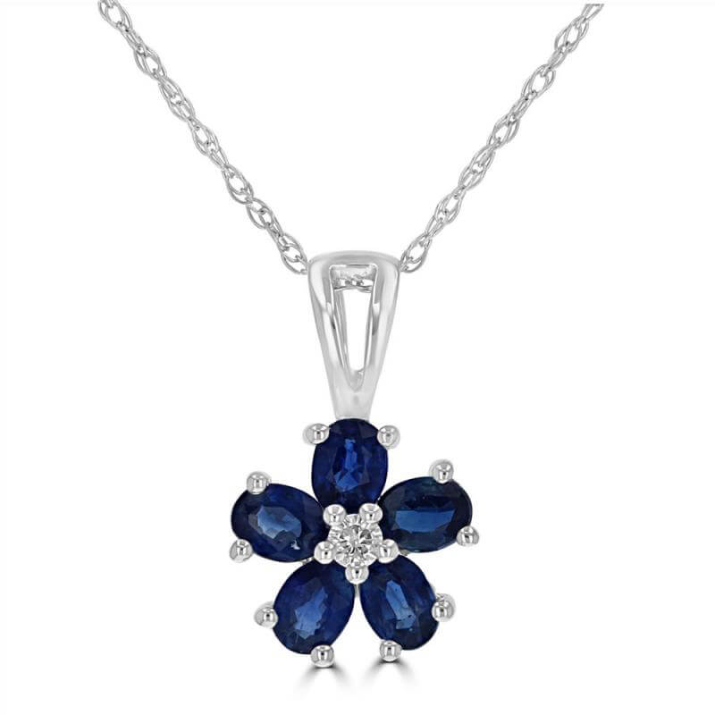 OVAL SAPPHIRE &amp; ROUND DIAMOND FLOWER PENDANT (CHAIN NOT INCLUDED)
