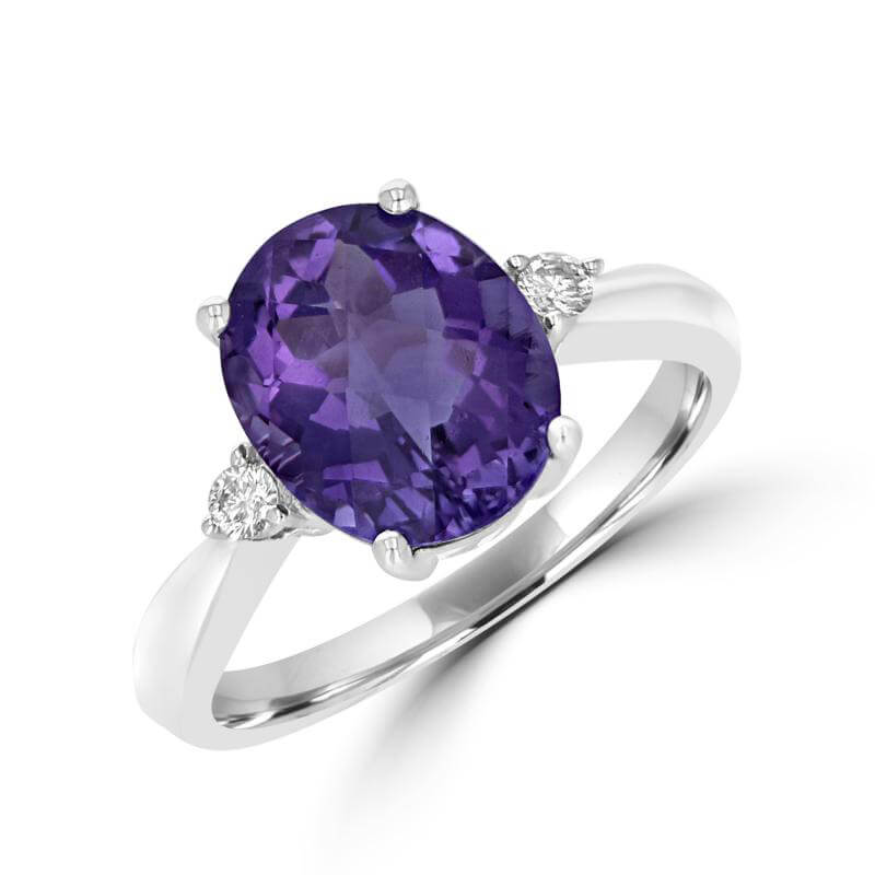 9X11 OVAL CHECKERED AMETHYST WITH ONE DIAMOND ON EACH SIDE RING
