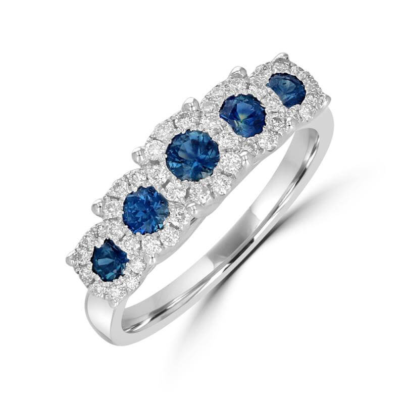 FIVE ROUND SAPPHIRES SURROUNDED BY DIAMONDS RING BAND