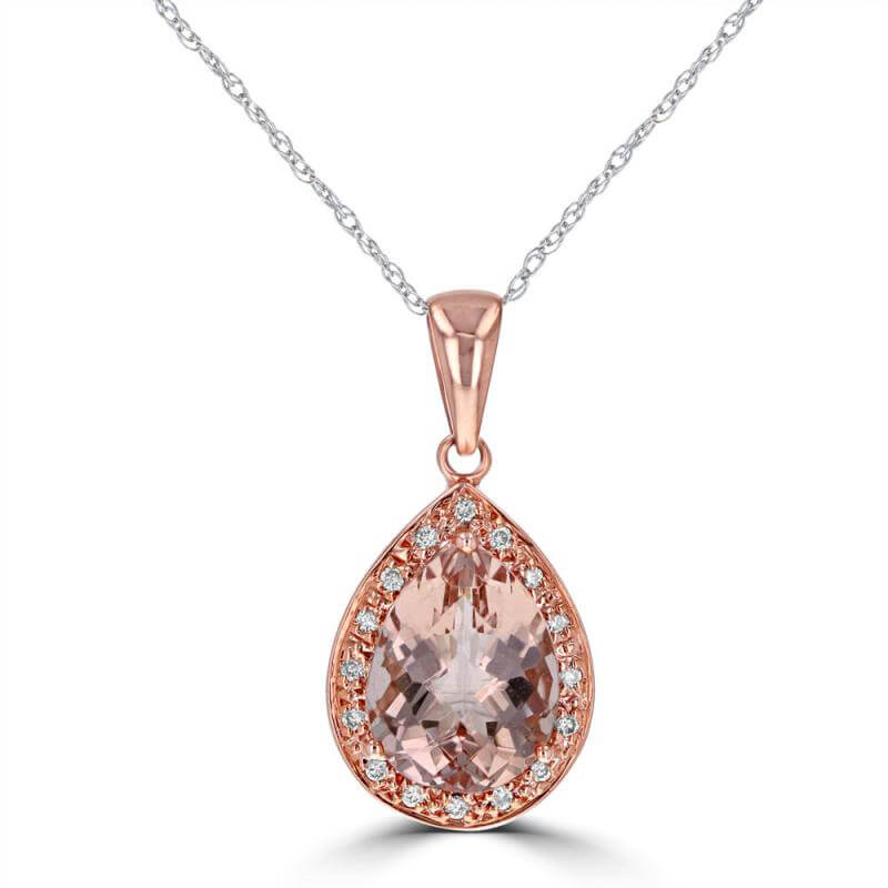8X10 PEAR CHECK MORGANITE SURROUNDED BY ROUND DIAMONDS PENDANT