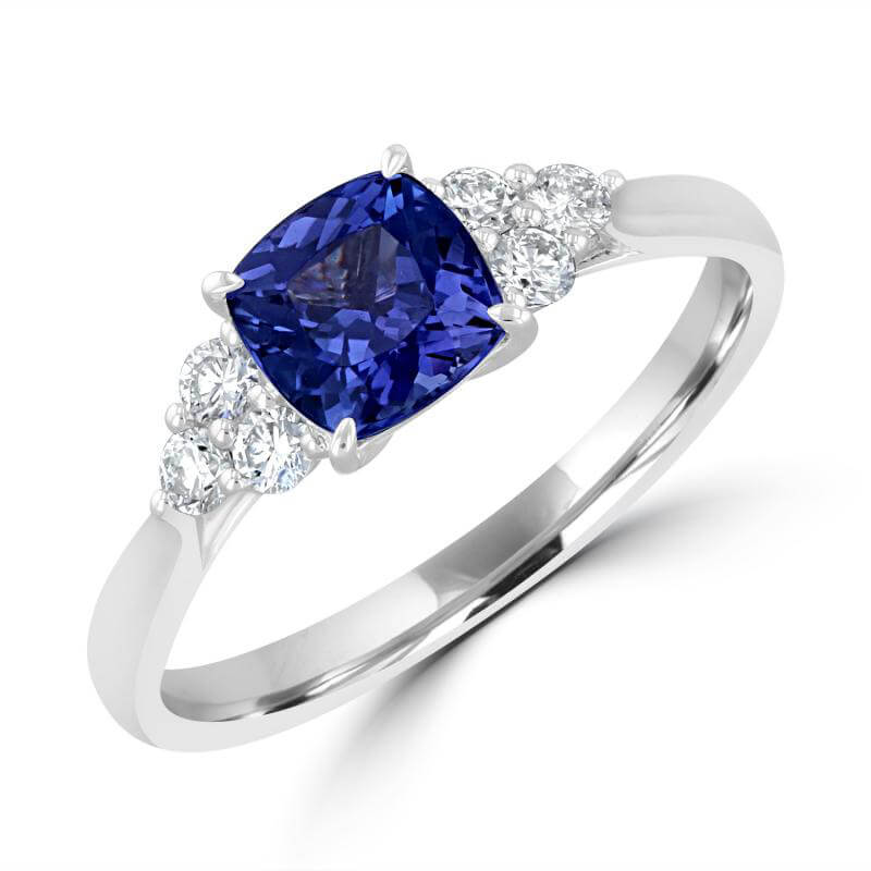 6MM CUSHION TANZANITE WITH THREE ROUND DIAMONDS ON EACH SIDE RING