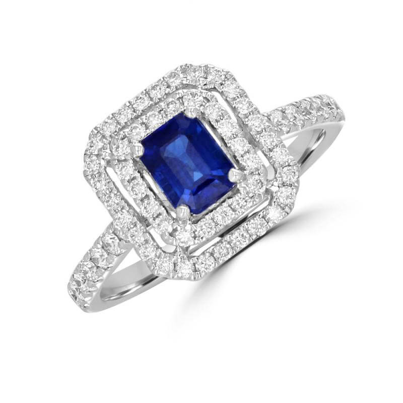 BAGUETTE SAPPHIRE SURROUNDED BY TWO ROW ROUND DIAMONDS AND DIAMONDS ON SHANK RING