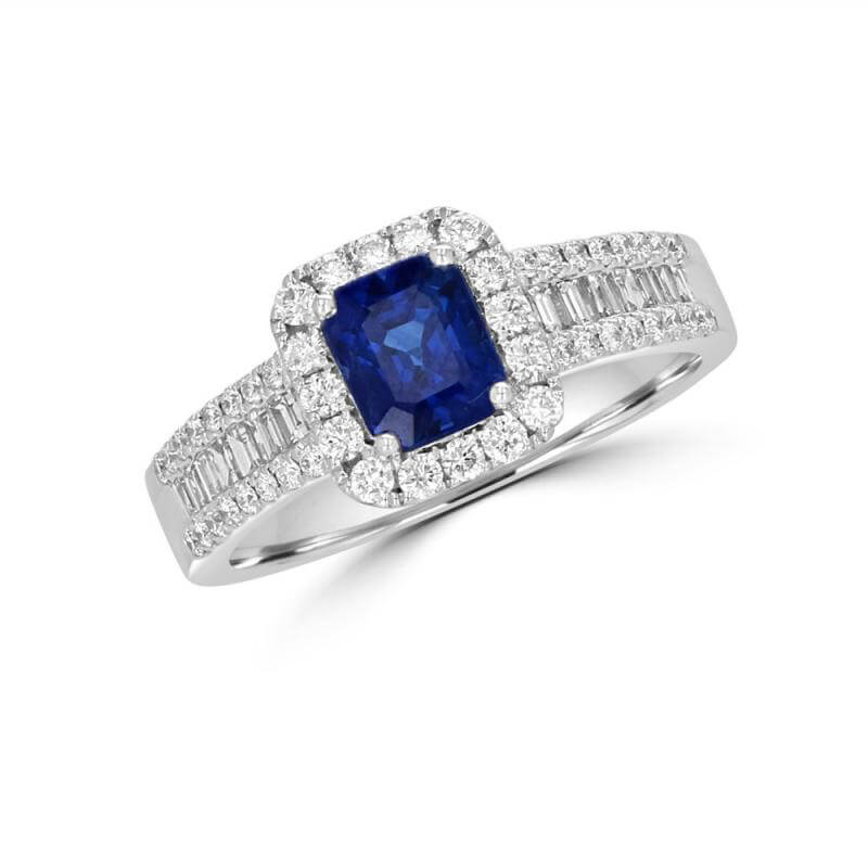 BAGUETTE SAPPHIRE HALO WITH ROUND AND BAGUETTE DIAMONDS ON SHANK RING